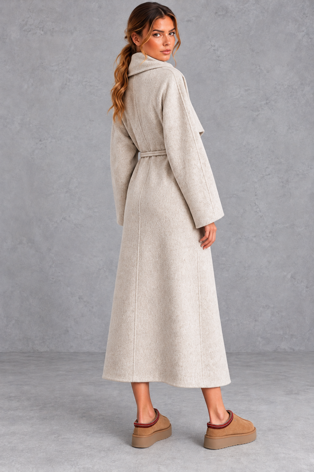 Women's belted wrap coat in Oatmeal – back view