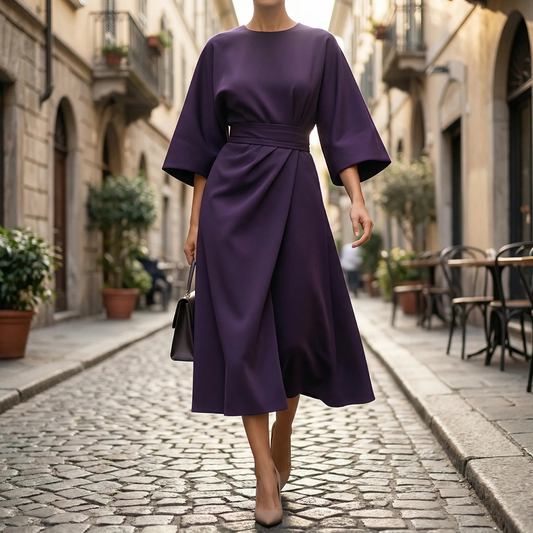 Woman in a purple dress walking down a cobblestone street in an urban setting.