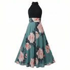 Black halter top and floral skirt dress on a white background3