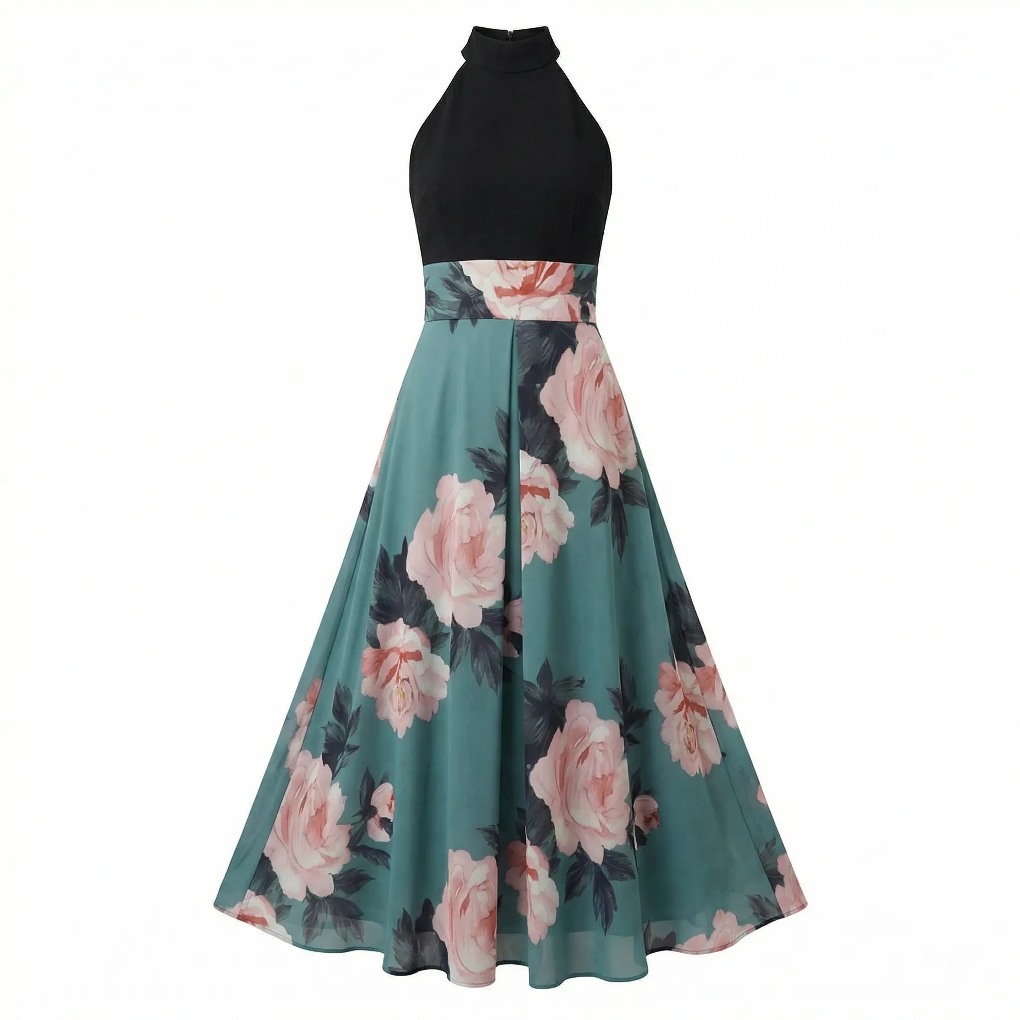 Black halter top and floral skirt dress on a white background3