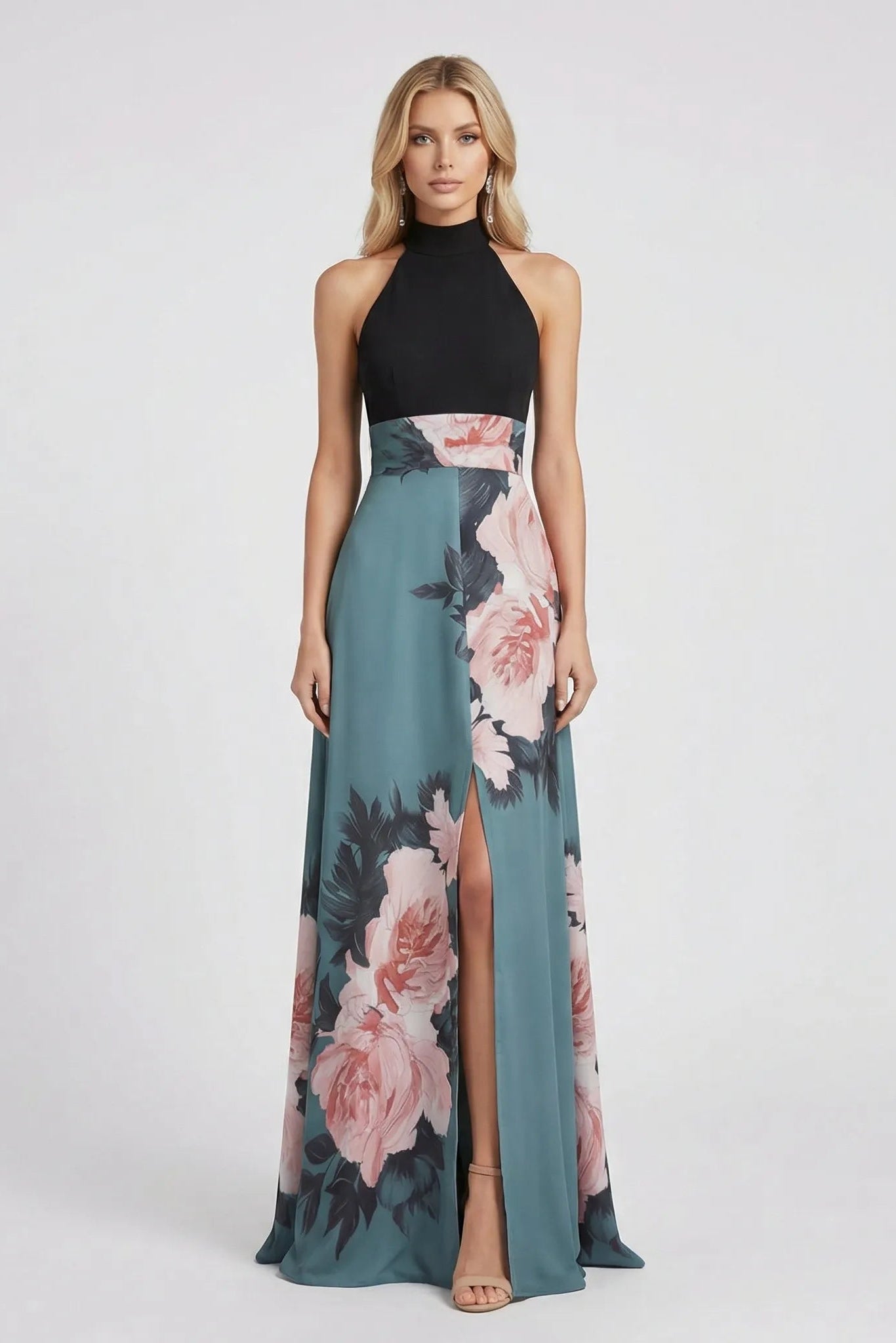 Woman wearing a black top and floral skirt on a white background4