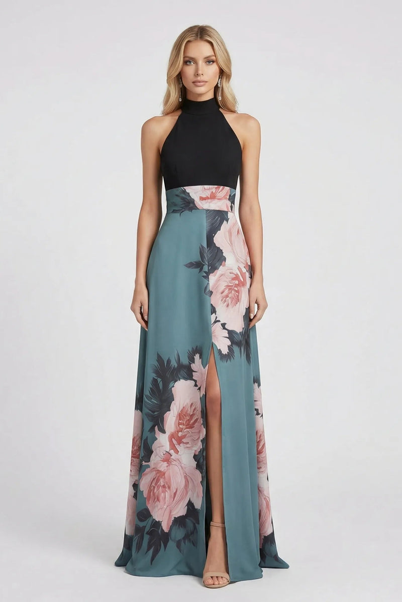 Woman wearing a black top and floral skirt on a white background4