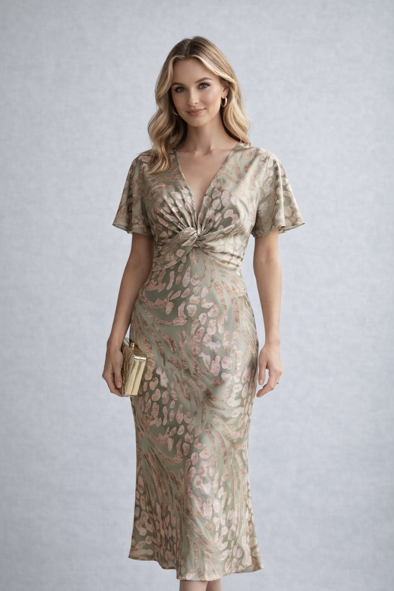 Woman wearing a gold patterned dress against a light gray background