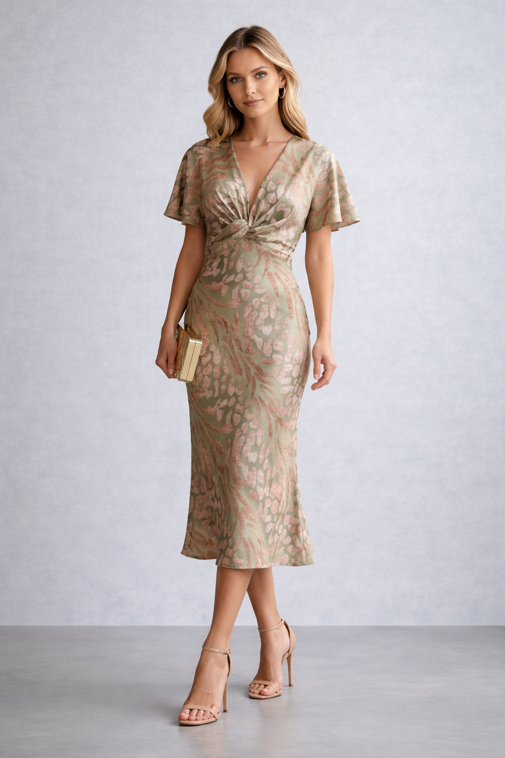 Woman wearing a patterned dress with a plain background