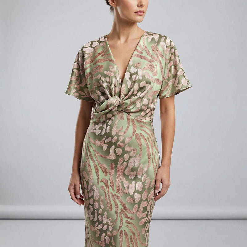 Women’s midi cocktail dress with V-neckline, knot-detail waist and flutter sleeves for weddings and summer occasions.3