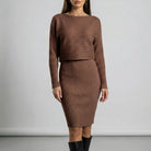 Brown ribbed dress worn by a model on a plain background1