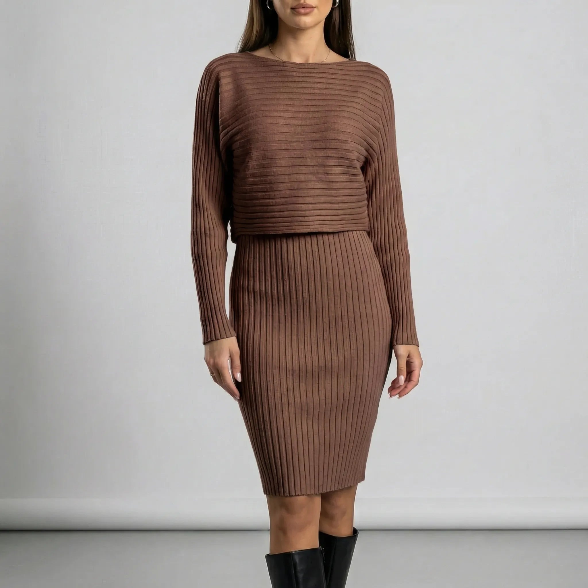 Brown ribbed dress worn by a model on a plain background1