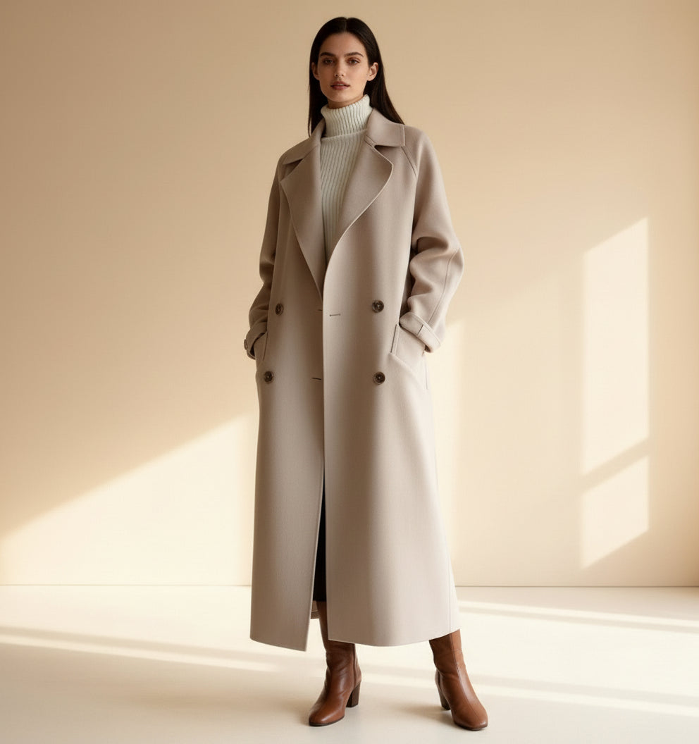 Woman wearing a long beige coat in a bright, minimalistic room.