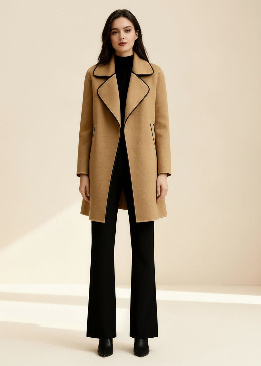 Woman wearing a beige coat with black trim on a beige background