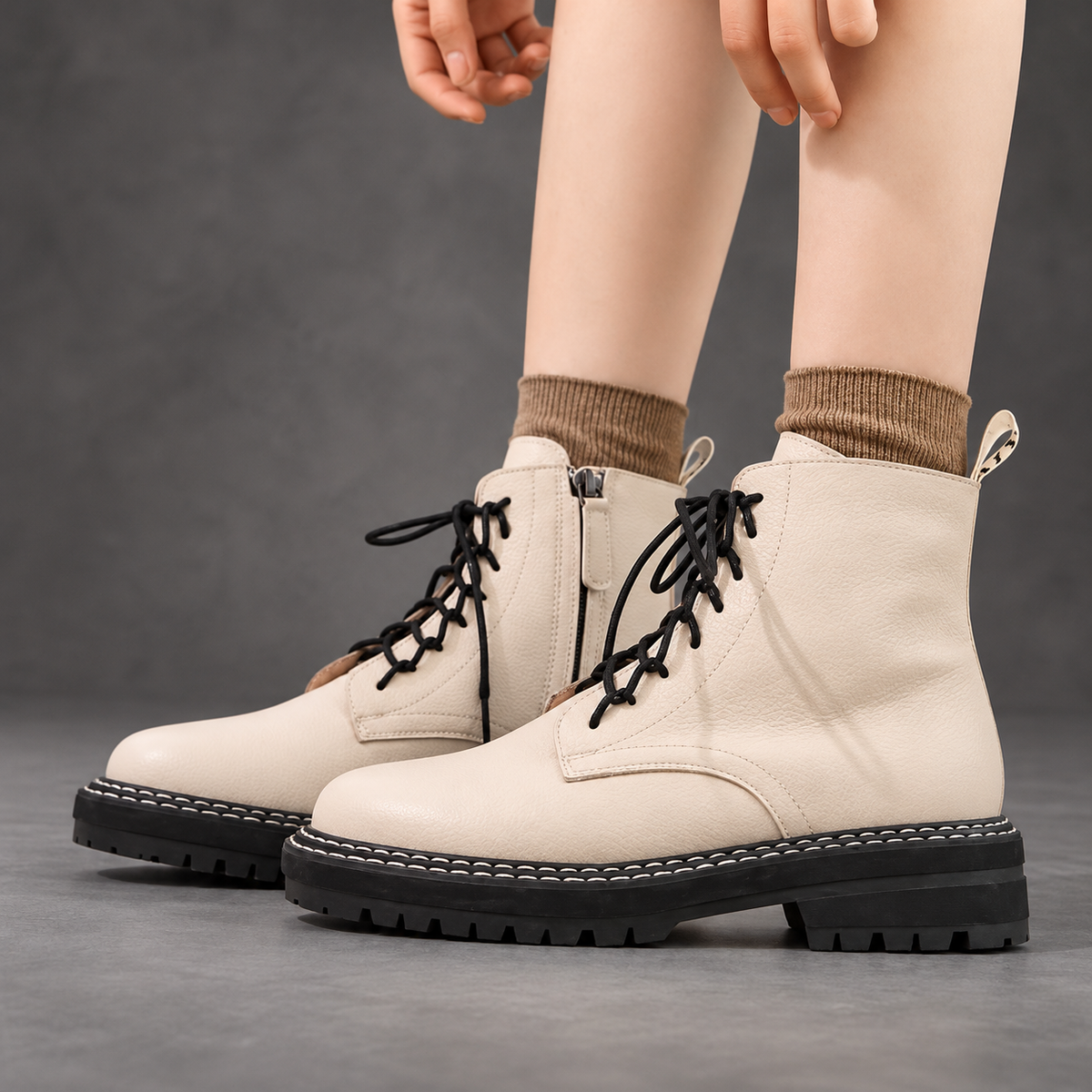 Women’s Leather Lace-Up Ankle Boots – Side Zip Chunky Sole Winter Shoes – Beige – on-foot view
