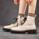 Women’s Leather Lace-Up Ankle Boots – Side Zip Chunky Sole Winter Shoes – Beige – on-foot view