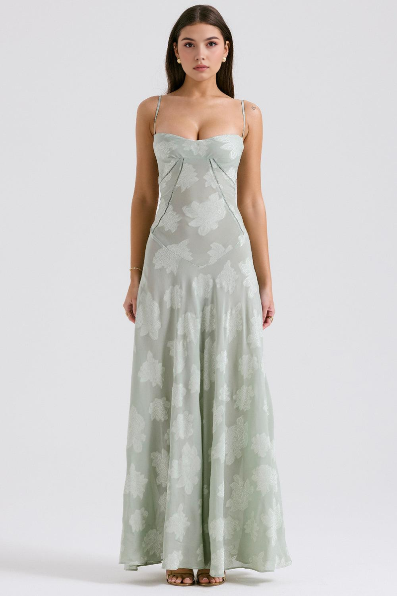 Women’s Floral Bustier Gown with Sheer Overlay for Evening & Formal Wear