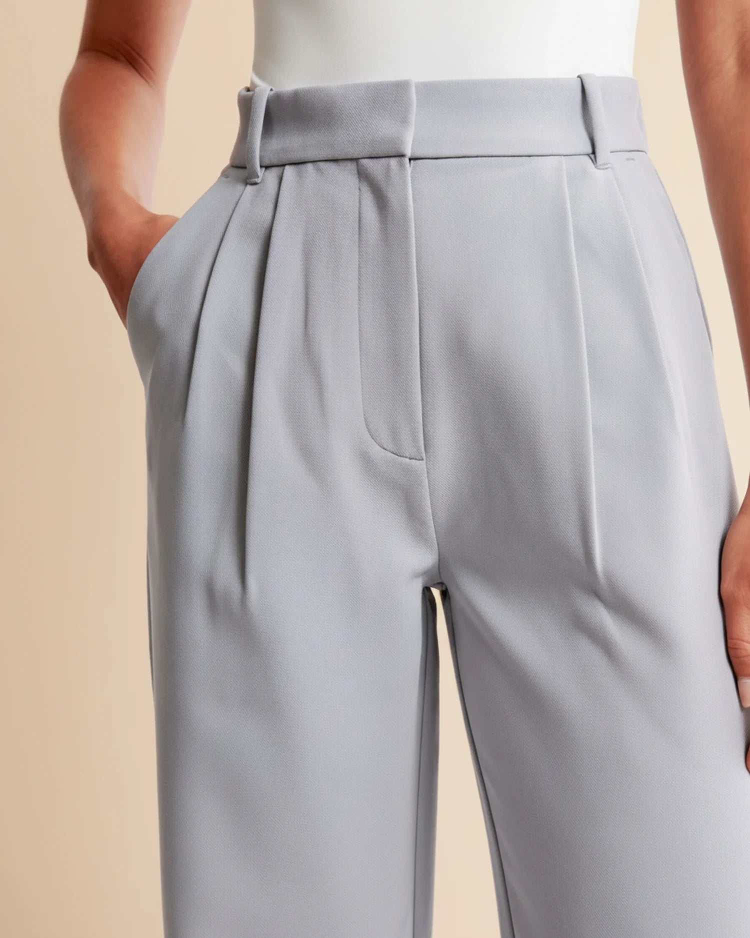 Light gray pleated pants on a beige background