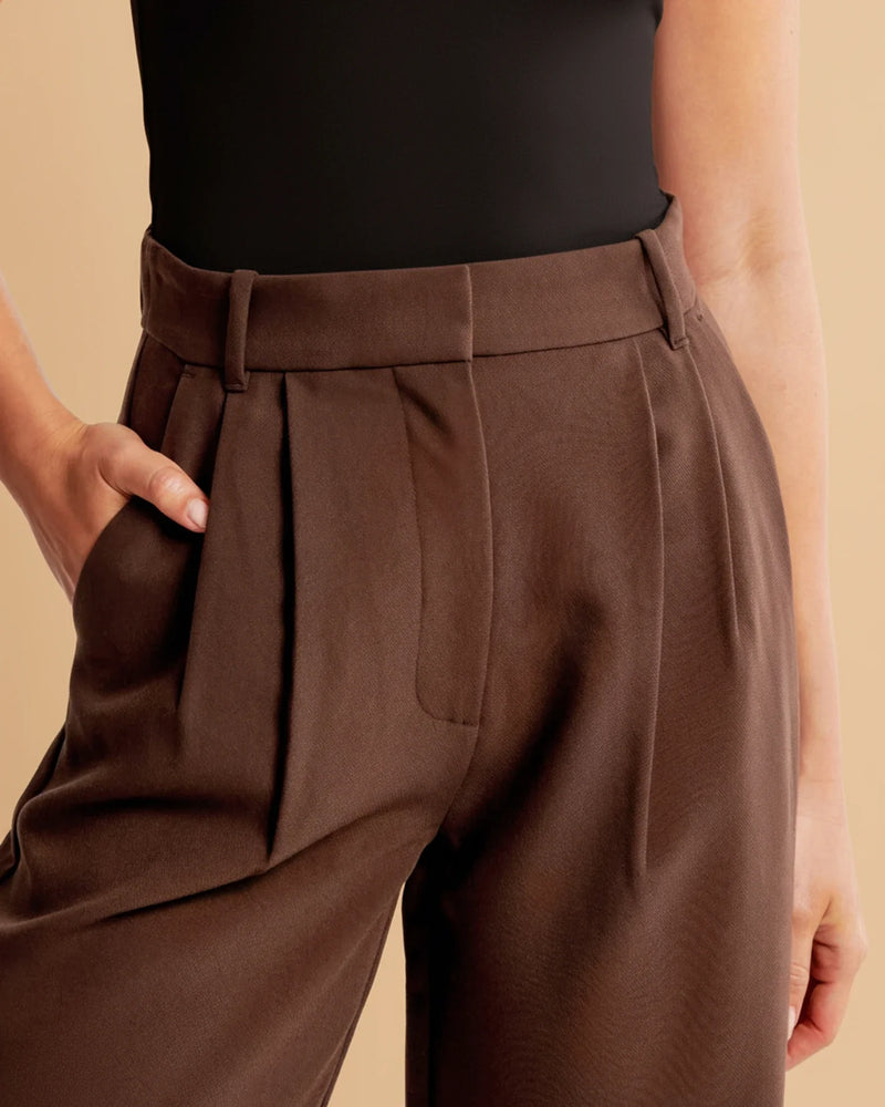 Brown pleated pants worn by a person on a beige background