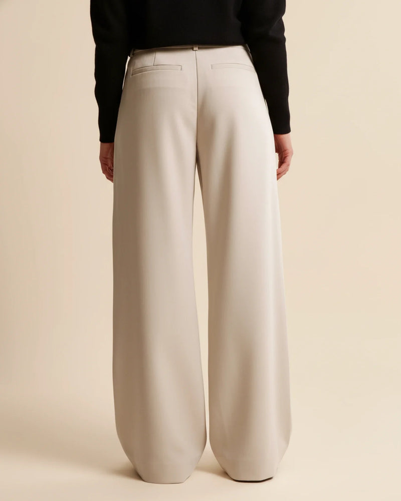 Person wearing beige wide-leg pants with a black top on a beige background