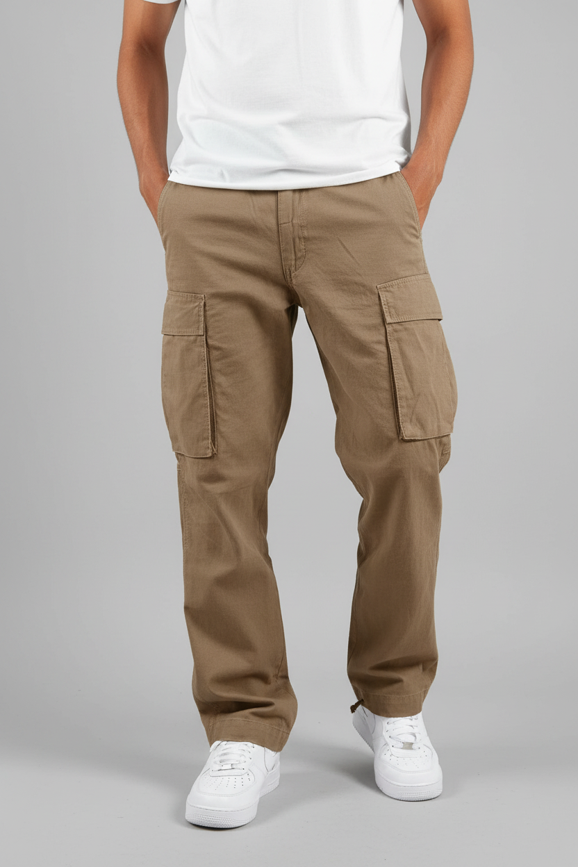 Beige cargo pants worn by a person on a white background