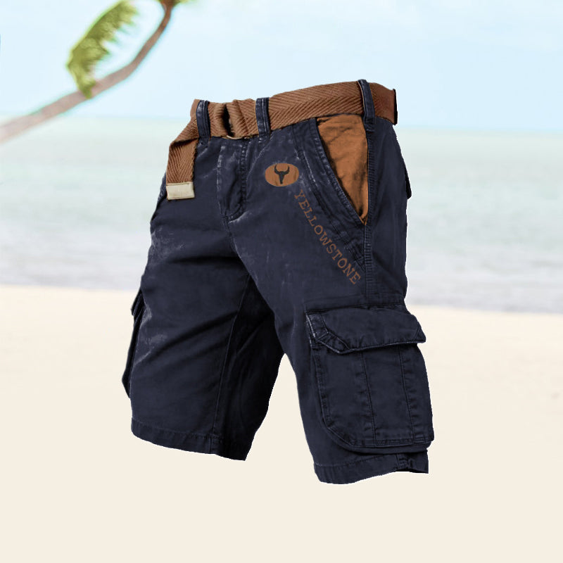 Navy blue cargo shorts with a brown belt on a light background