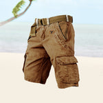 Brown cargo shorts with a belt on a light background