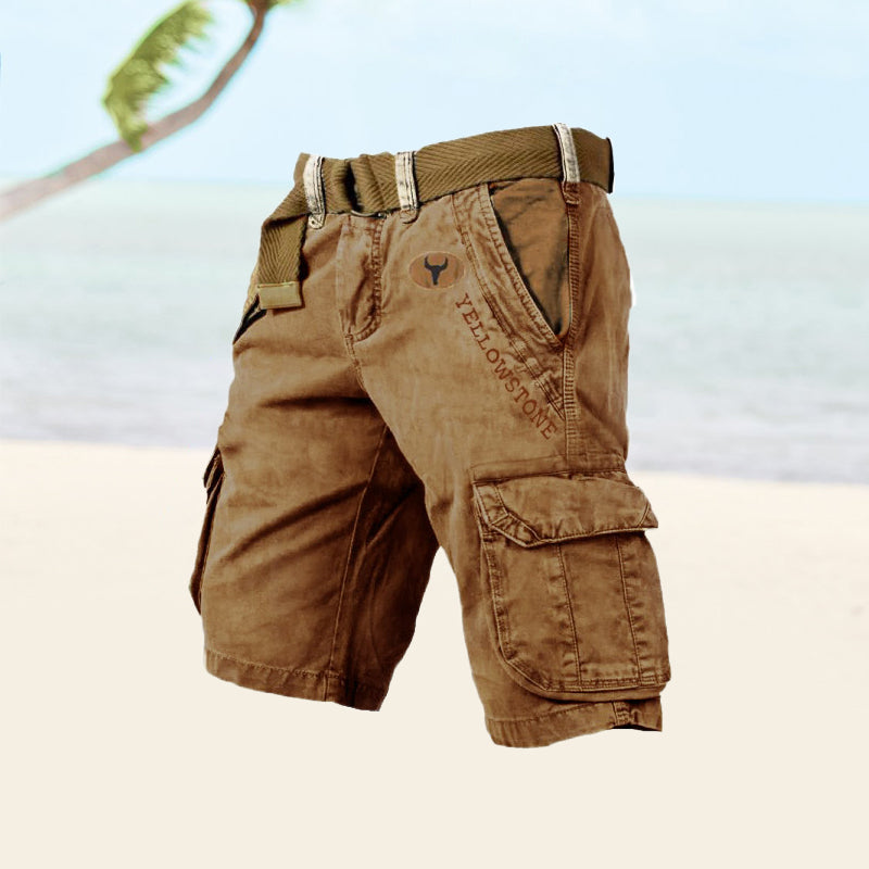 Brown cargo shorts with a belt on a light background