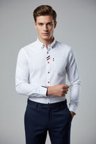 White dress shirt with colorful accents on a white background