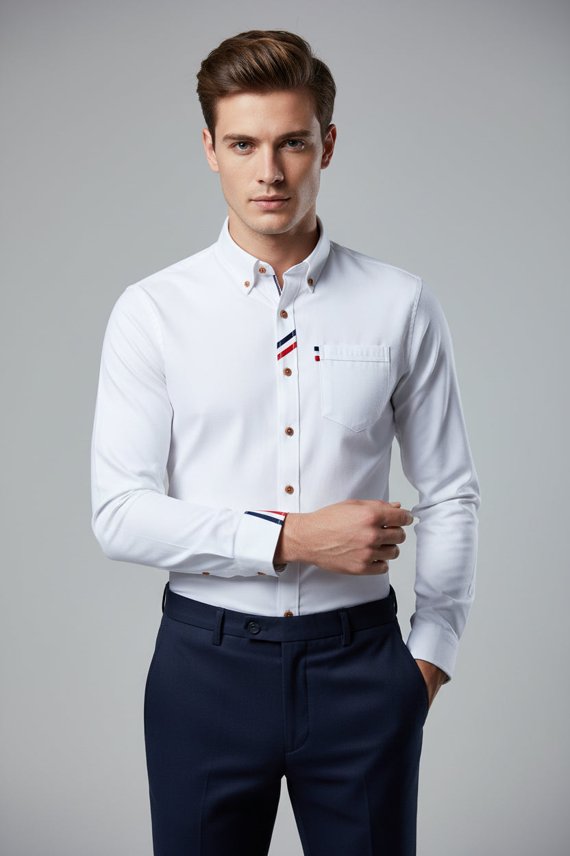 White dress shirt with colorful accents on a white background