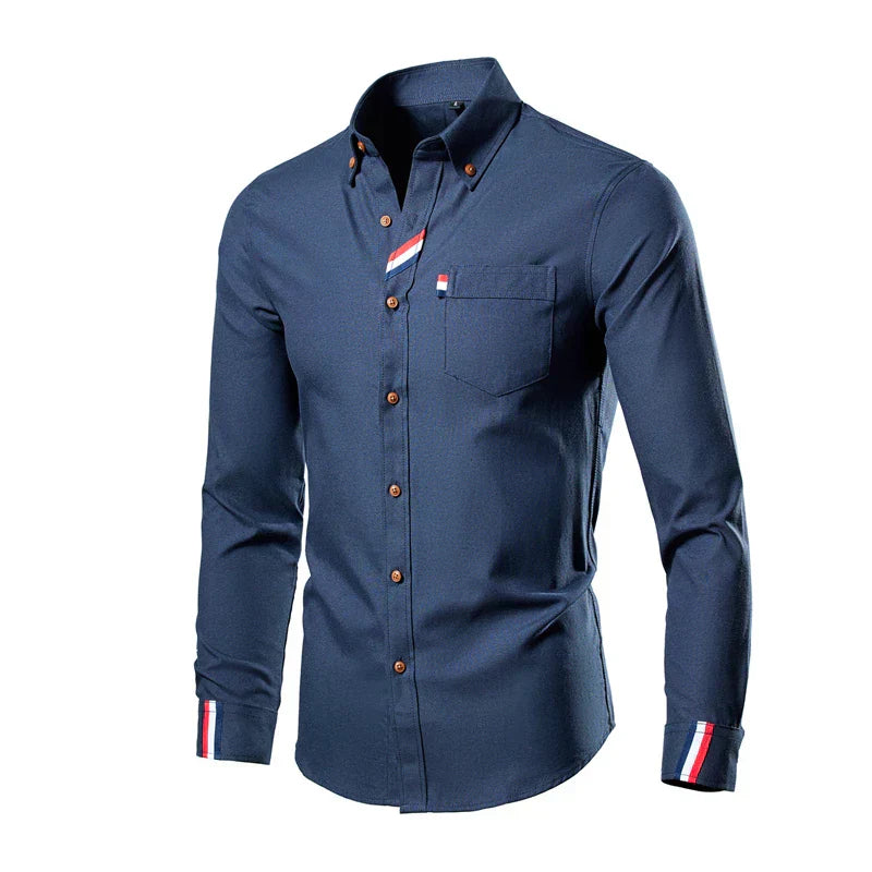 Blue shirt with button details on a white background