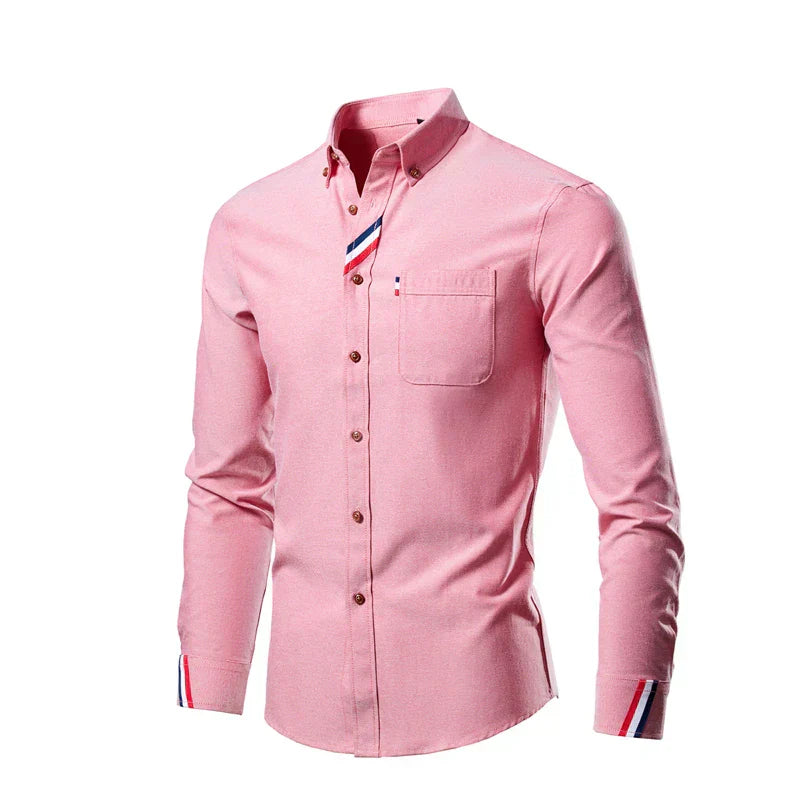 Pink shirt with striped cuffs and collar on a white background