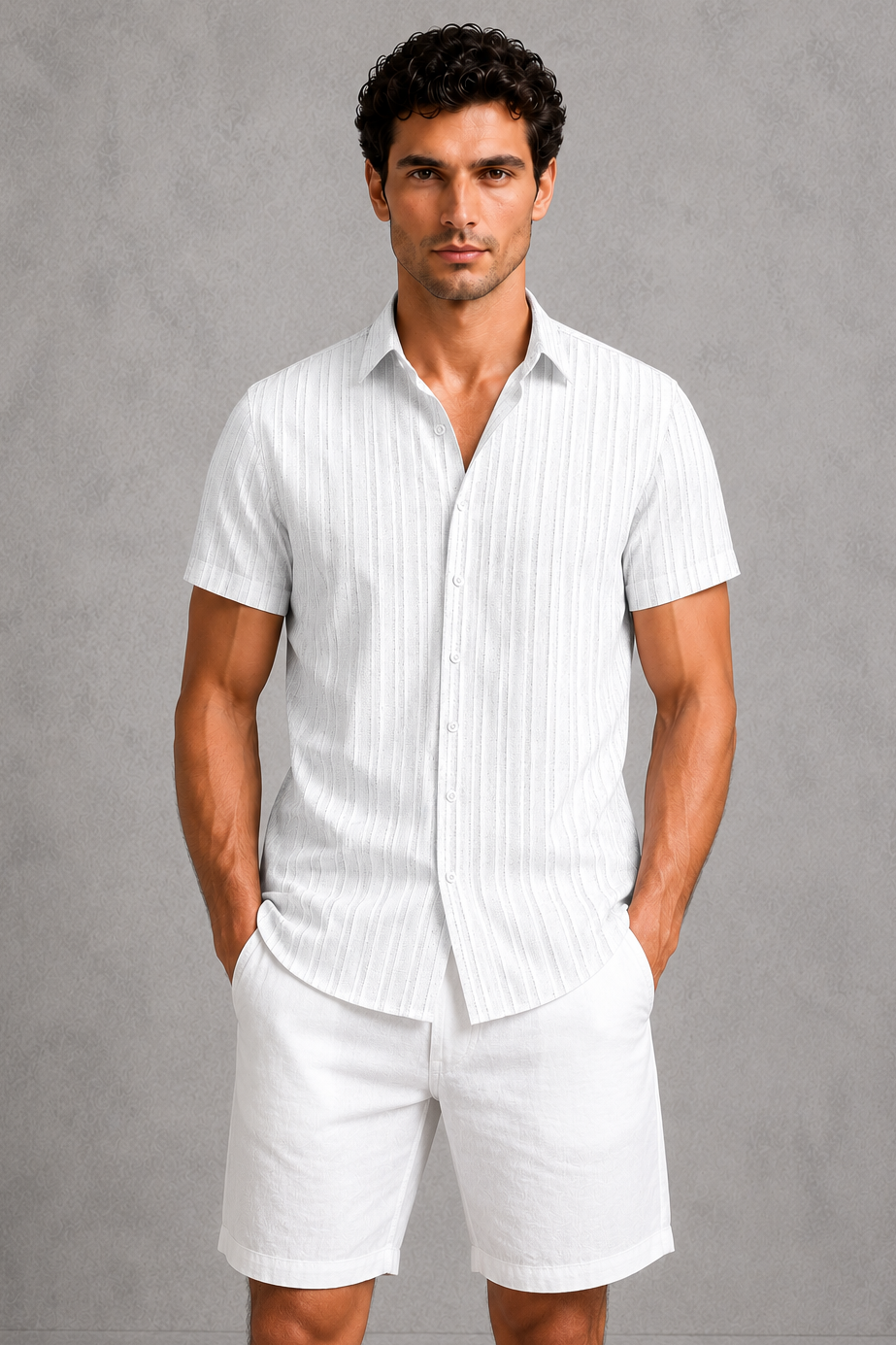 Man wearing a white striped shirt and shorts against a gray background
