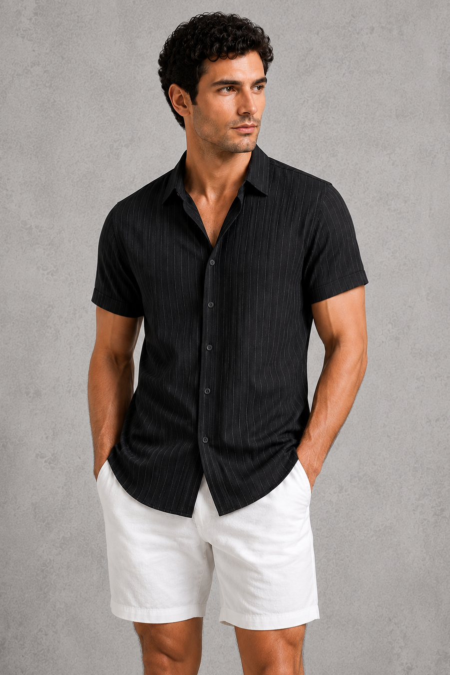 Man wearing a black short-sleeve shirt and white shorts against a gray background