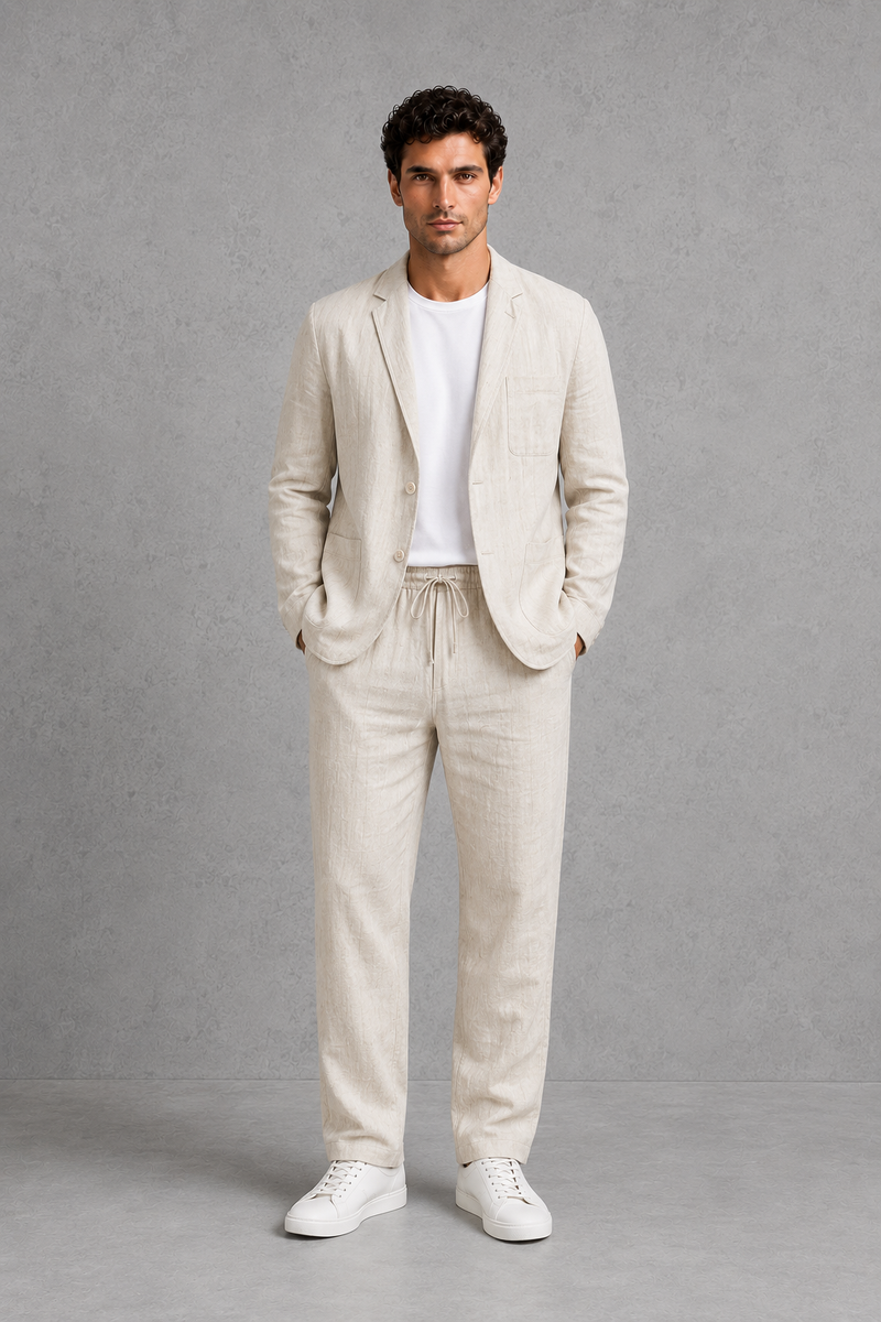 Man wearing a beige suit with white sneakers on a gray background