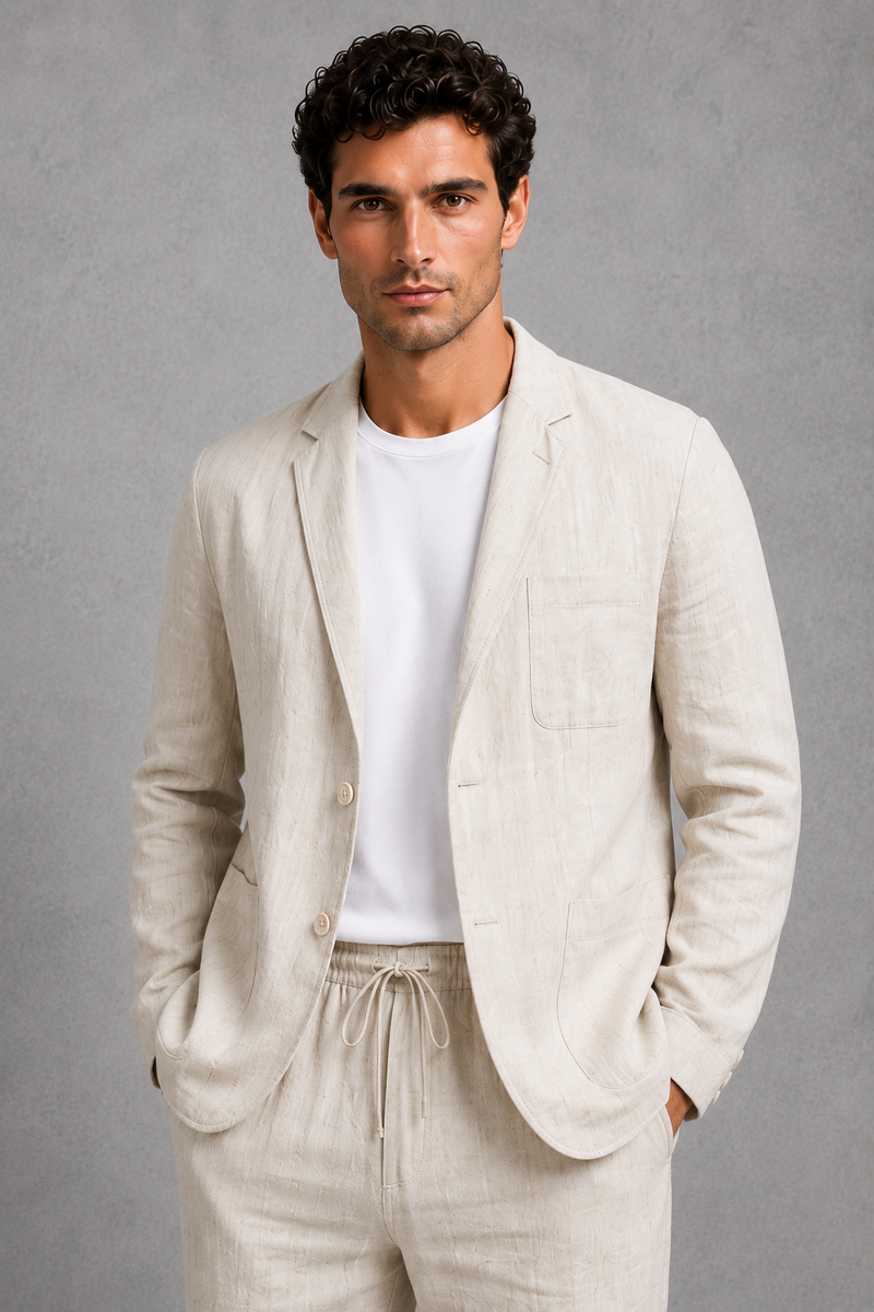 Man wearing a beige linen suit with a white t-shirt against a gray background