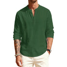 Man wearing a green long-sleeve shirt with a brand logo on a white background