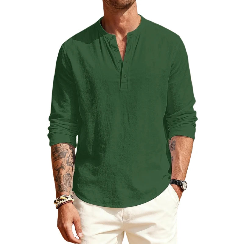 Man wearing a green long-sleeve shirt with a brand logo on a white background