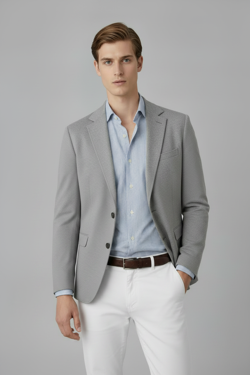 Man wearing a gray blazer over a light blue shirt with white pants on a gray background