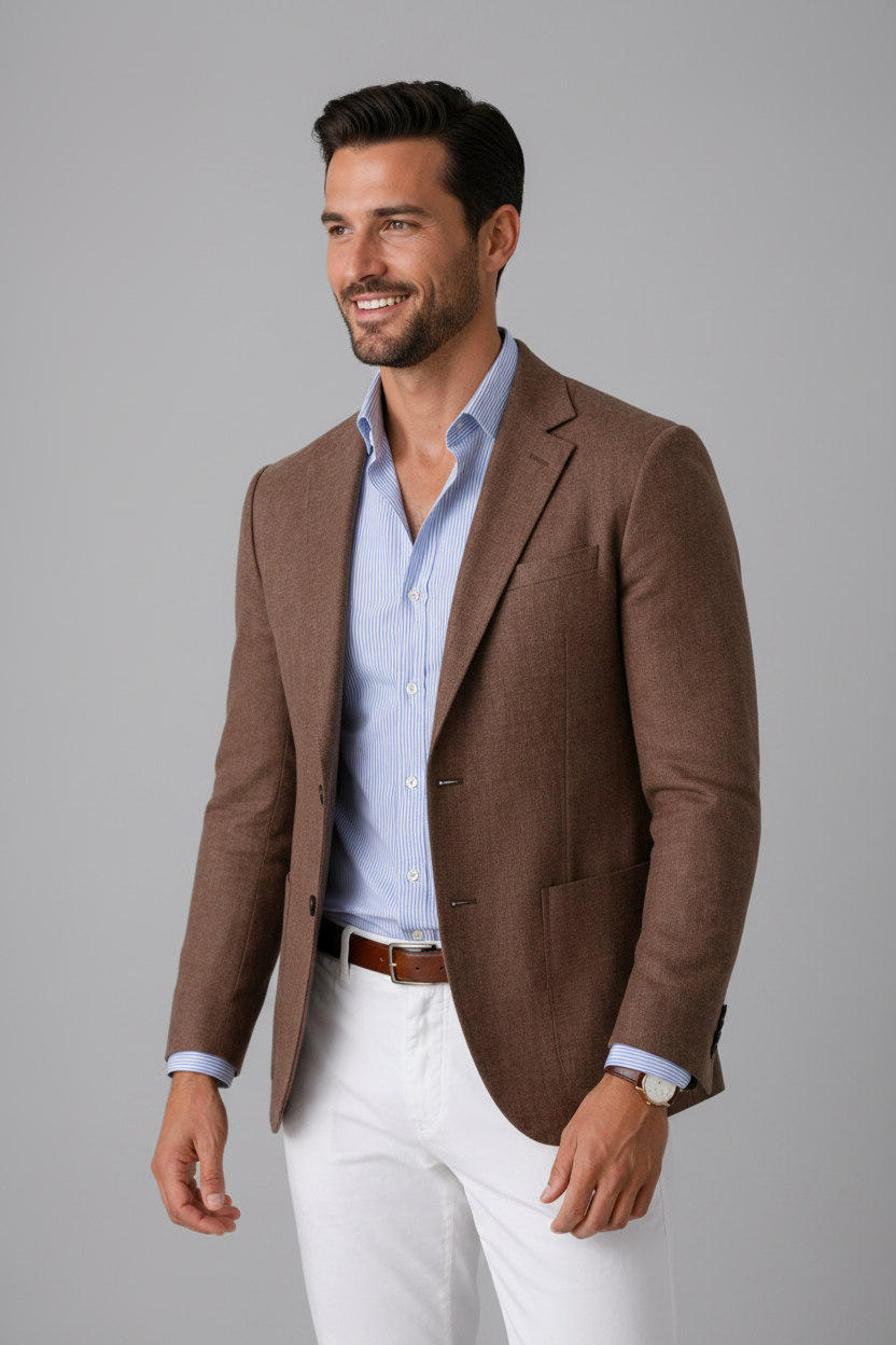 Man wearing a brown blazer over a light blue shirt with white pants on a gray background