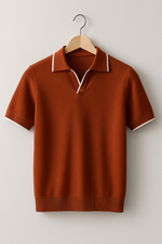 Brown short-sleeve sweater with white collar on a wooden hanger against a light gray background