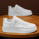 White sneakers on a wooden surface with a blurred background