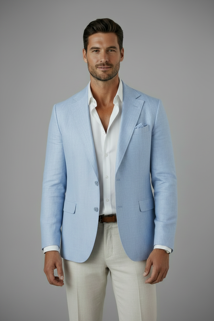 Man wearing a light blue blazer over a white shirt with beige pants on a gray background