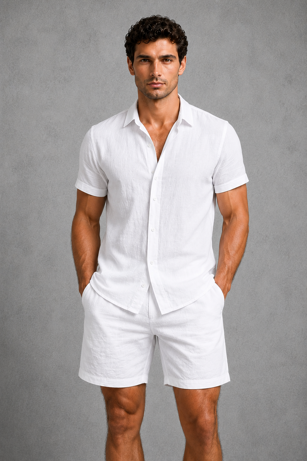 Man wearing a white shirt and shorts against a gray background