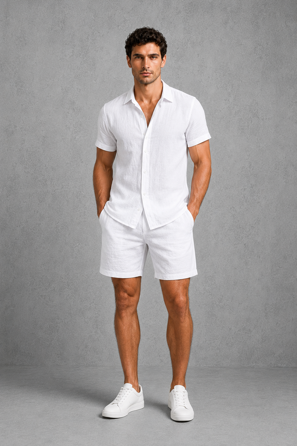 Man wearing a white linen shirt and shorts with white sneakers against a gray background