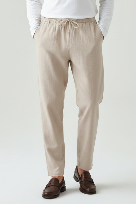 Beige pants worn by a person on a white background