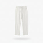 White pants on a hanger against a white background