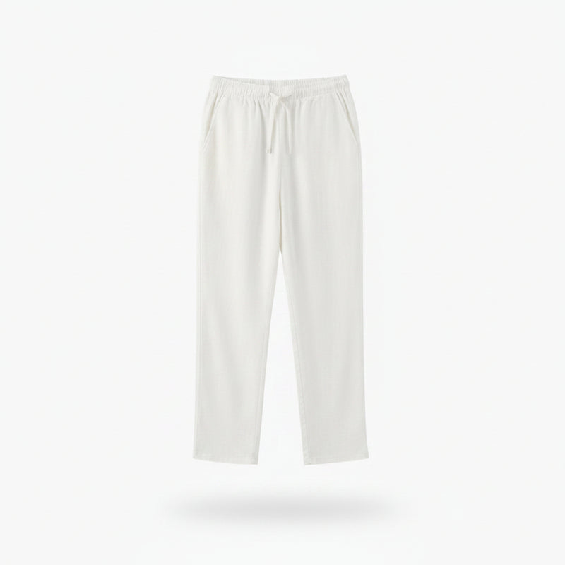 White pants on a hanger against a white background