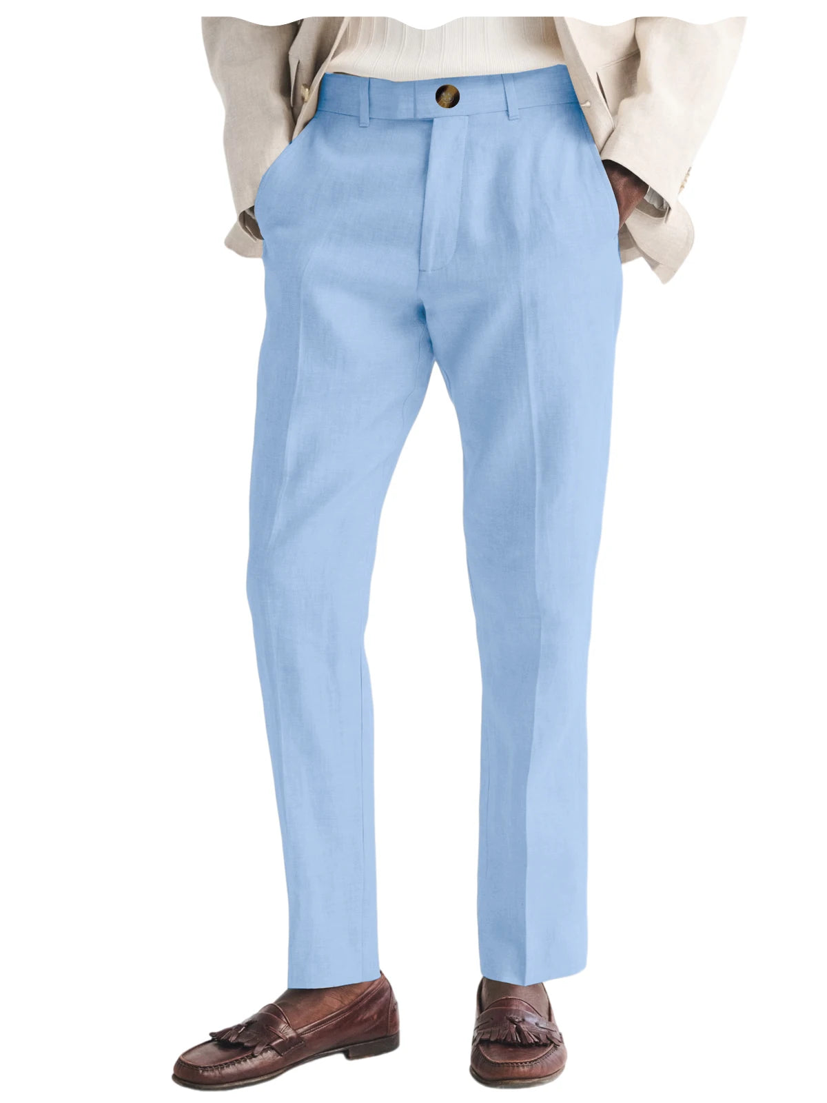 Light blue dress pants worn with a beige jacket and brown shoes on a white background