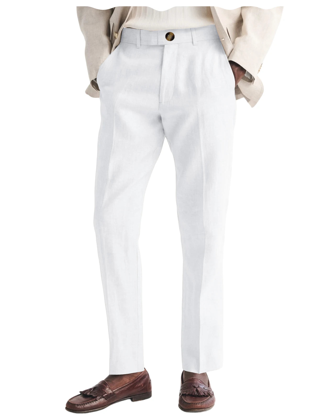 Light gray dress pants worn with a beige jacket and brown loafers on a white background