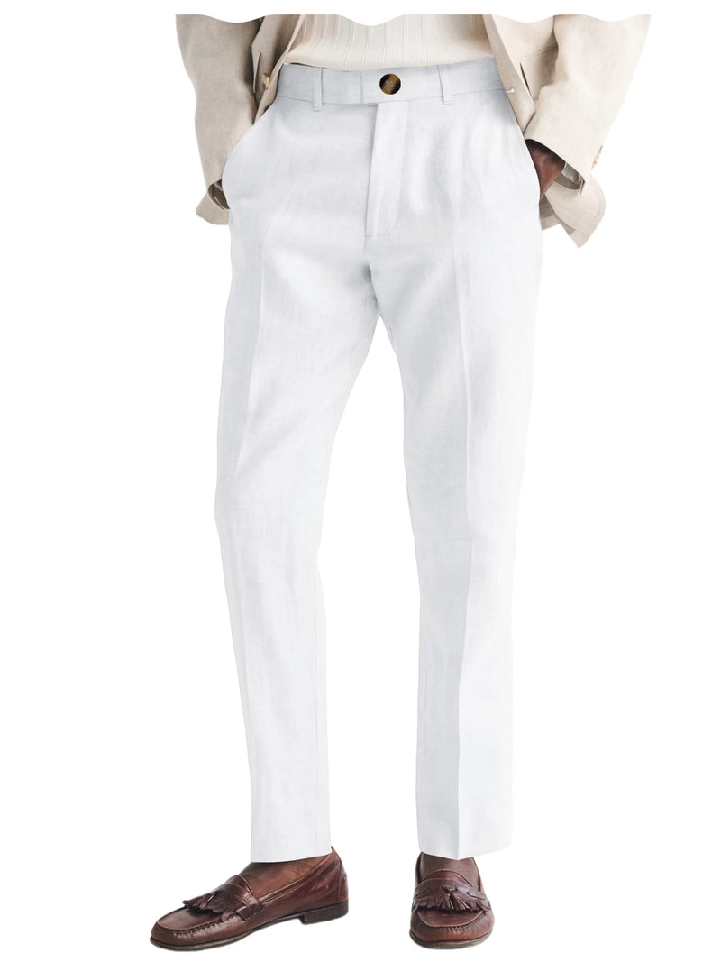 Light gray dress pants worn with a beige jacket and brown loafers on a white background