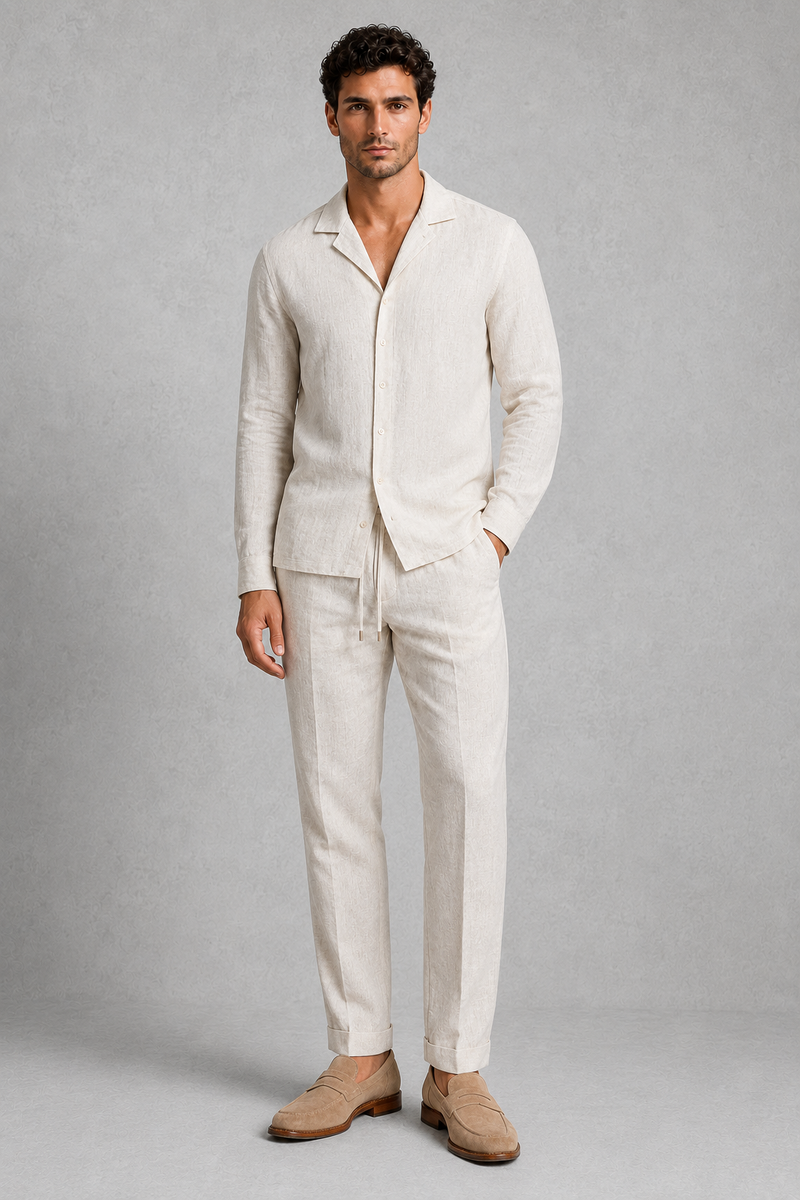 Men’s Linen Style Shirt & Straight Leg Trouser Co-Ord Set for Casual Summer Wear