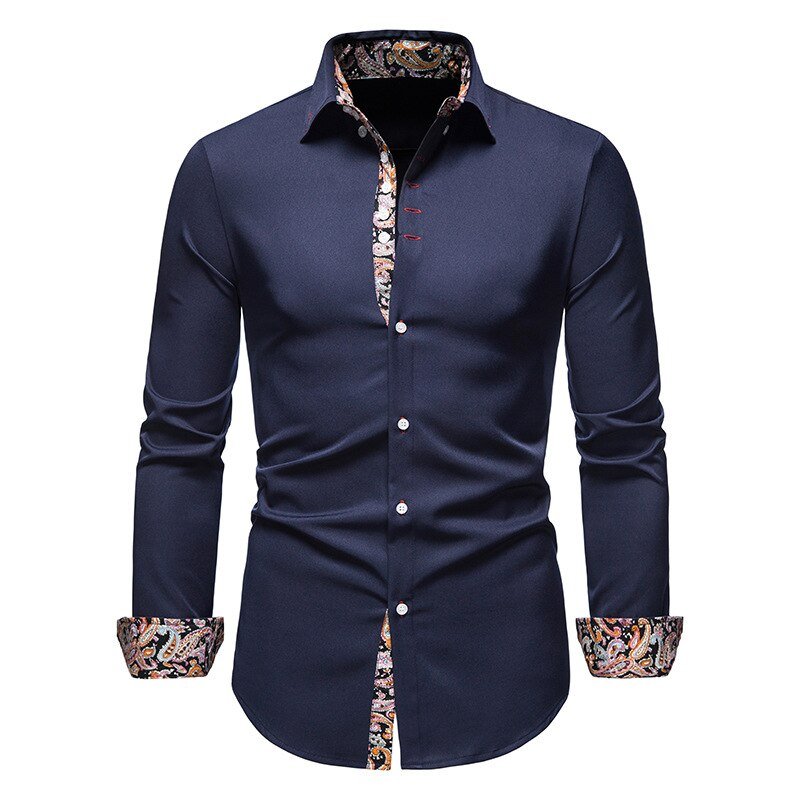 Navy blue shirt with patterned collar and cuffs on a white background