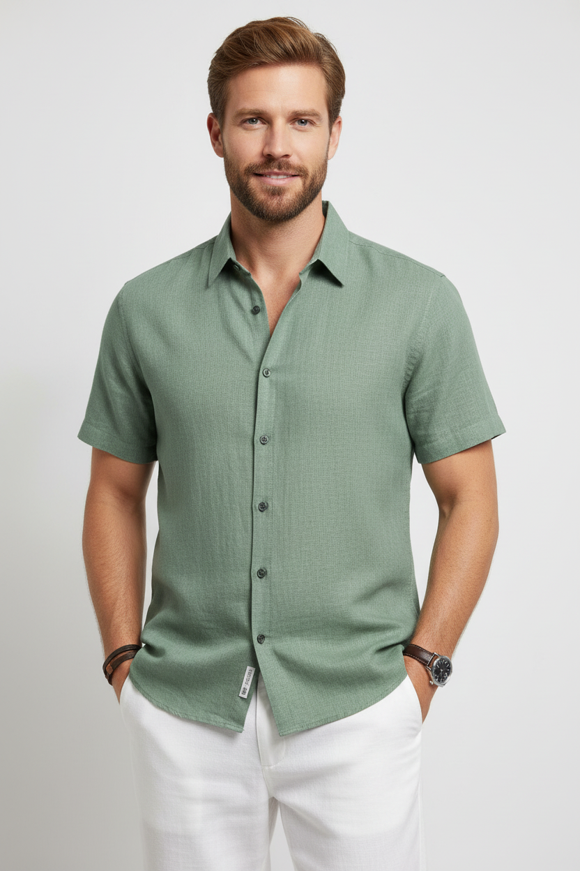 Man wearing a green short-sleeve shirt and white pants against a light gray background