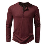 Maroon long-sleeve henley shirt on a white background